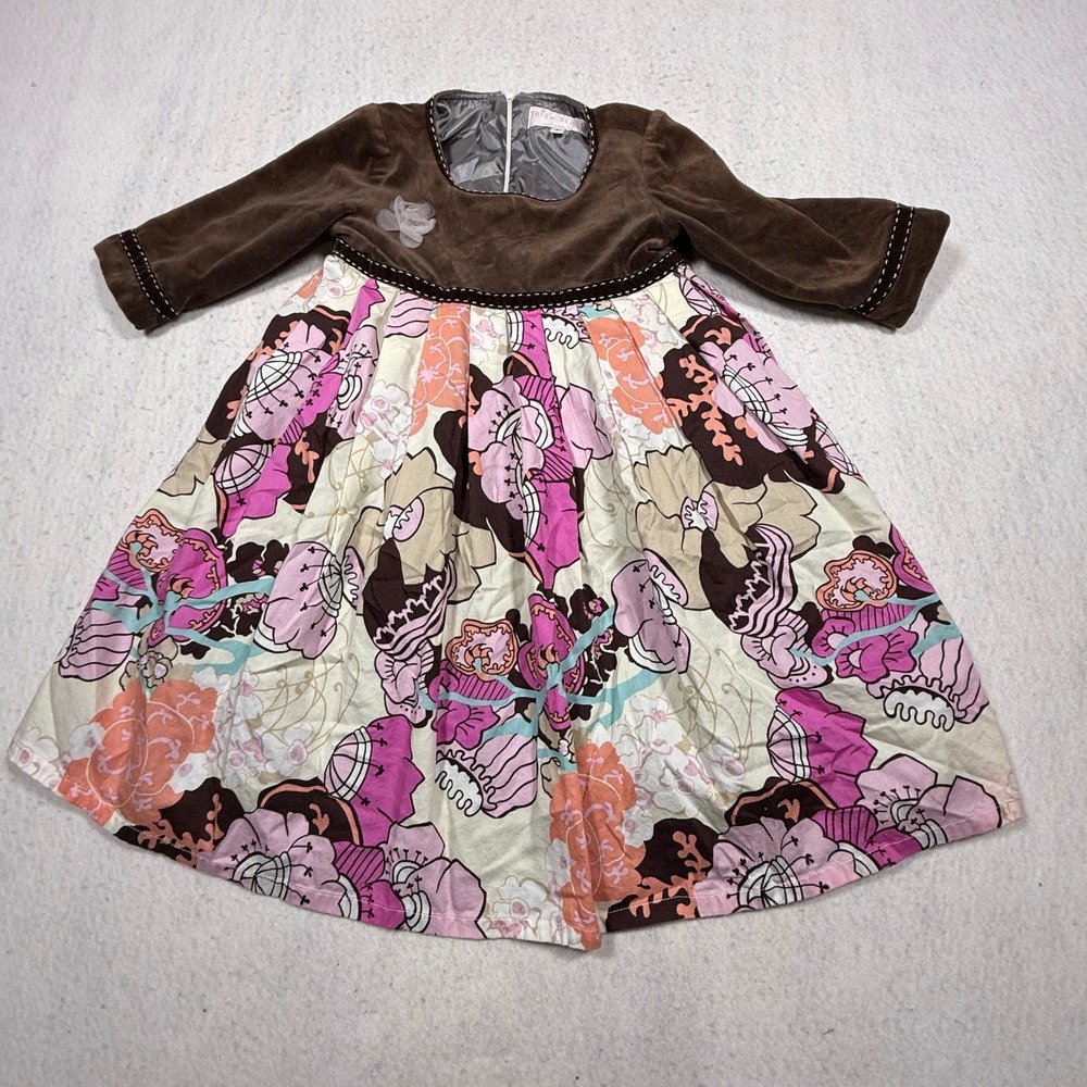 Trish Scully Child Brown Velvet Floral Corduroy Long Sleeve Dress Size 5